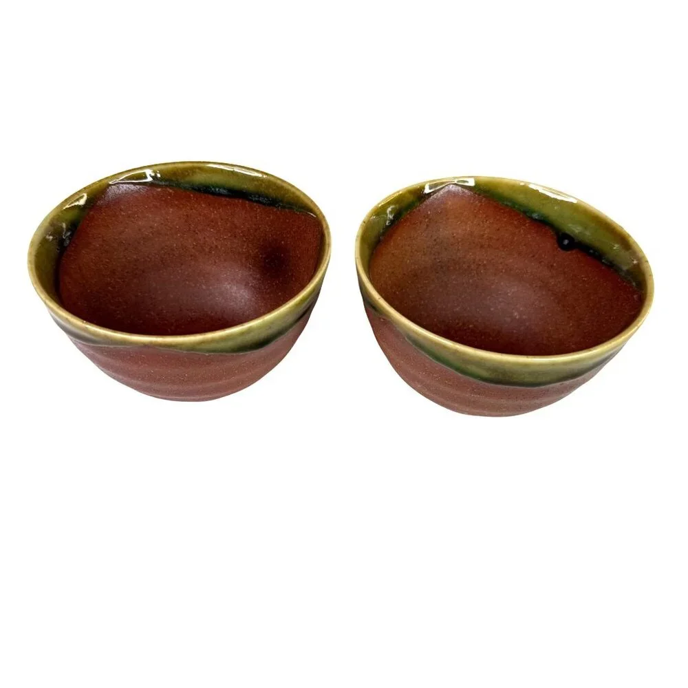 5 Hand Thrown Pottery Bowls Terracotta With Green Drip Glaze Edge Studio Art - Picture 3 of 11